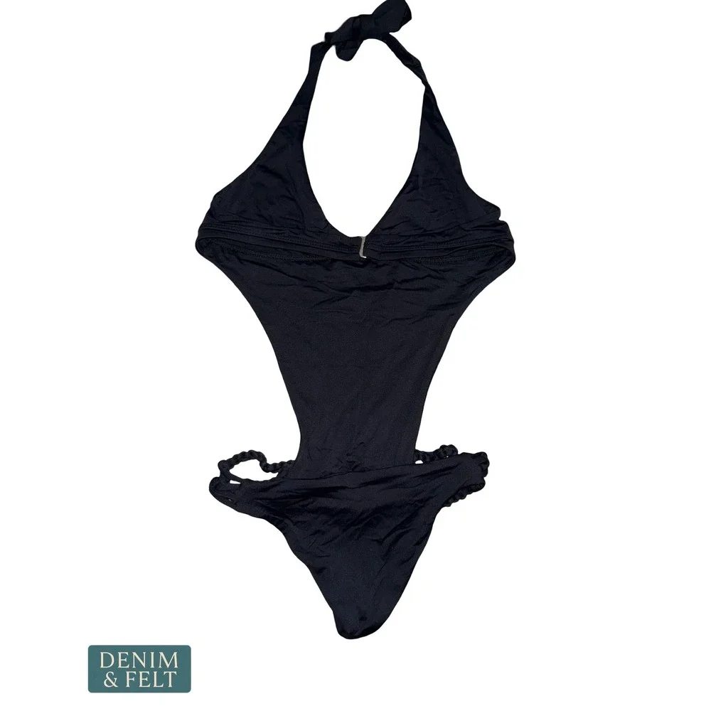 Frankies Bikinis Black Open Back Monokini Halter Swimsuit Braided Sides Large‎